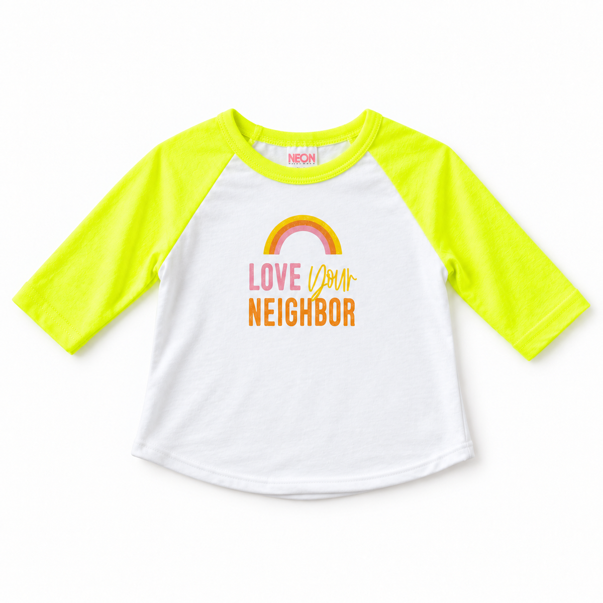 Love Your Neighbor baseball tee with yellow sleeves, full front studio rendering based on the original garment photograph.