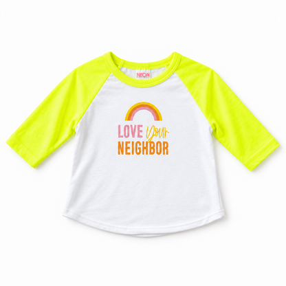 Love Your Neighbor baseball tee with yellow sleeves, full front studio rendering based on the original garment photograph.