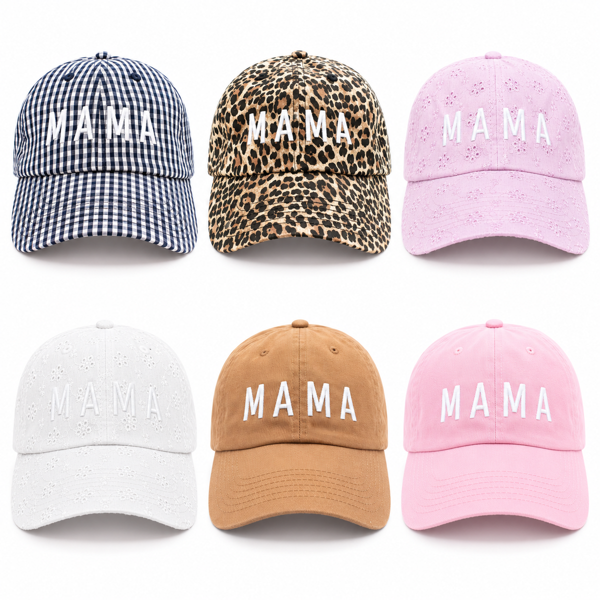 Seven Rey to Z Mom and Mama hats at matching display scale: Blue Gingham Mama, Leopard Mama, Wisteria Eyelet Mama, White Eyelet Mama, Terra Cotta Mama, Light Pink Mama, and Black Mom. Sold individually.
