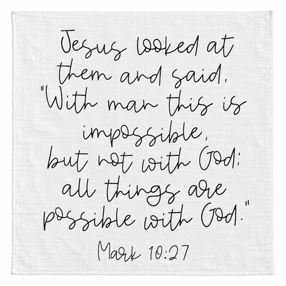 Mark 10:27 Scripture Swaddle + Wall Art shown fully open and flat on a white background.