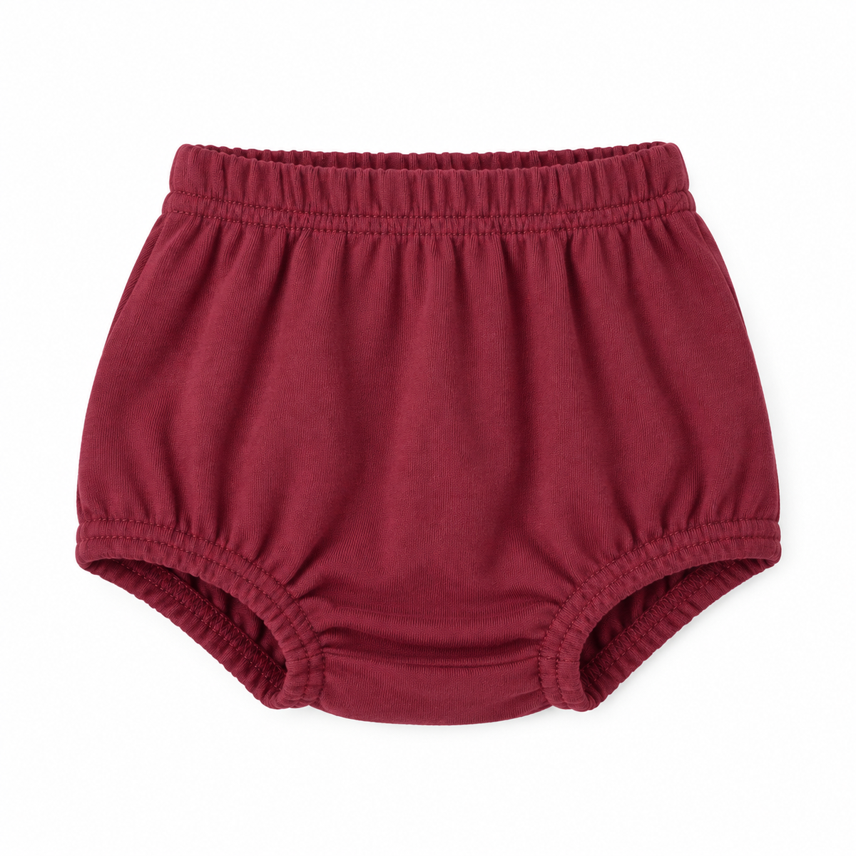 Modern Burlap organic baby bloomers in Maroon, front studio view on white.