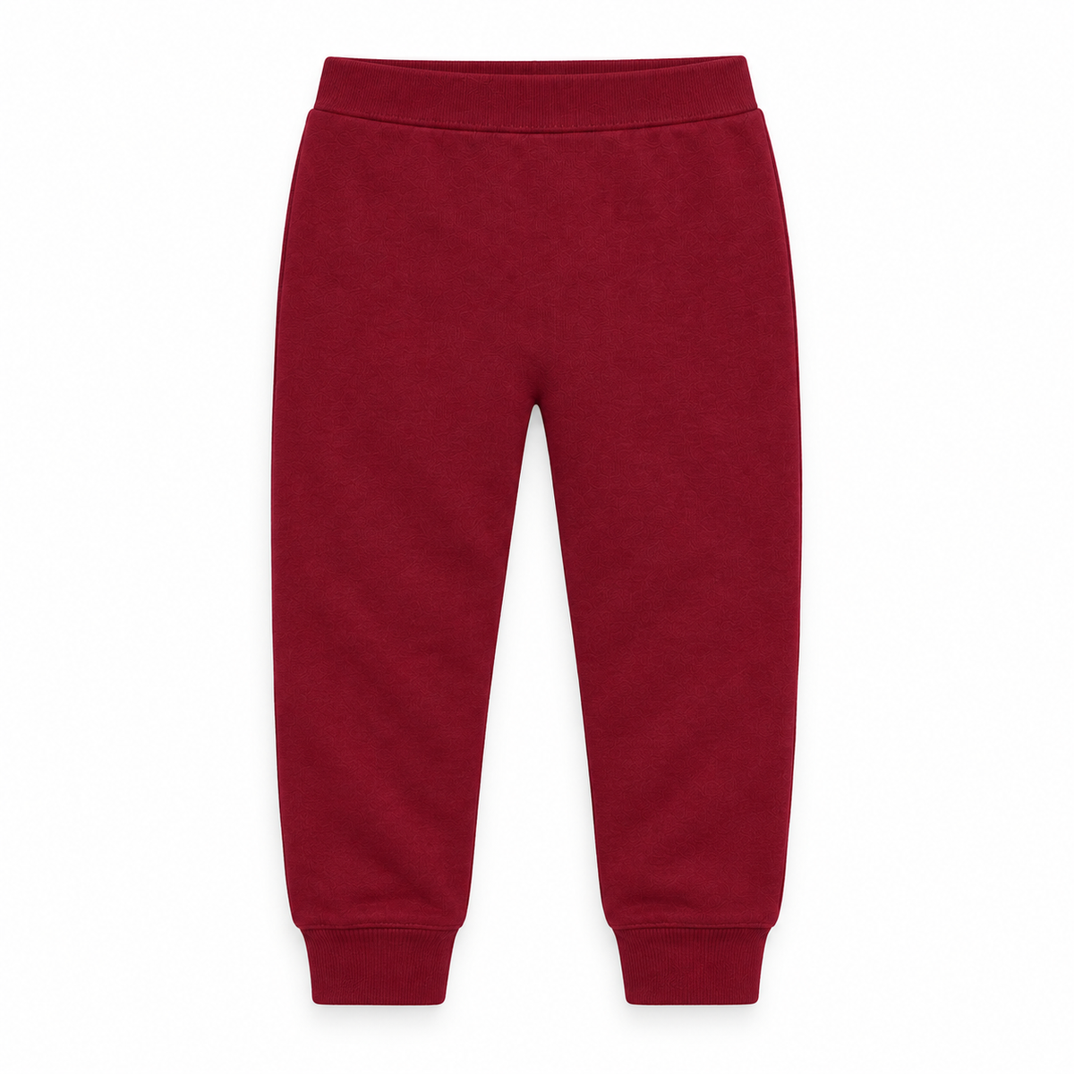 Organic Cozy Pants in maroon, standalone front studio view on white.