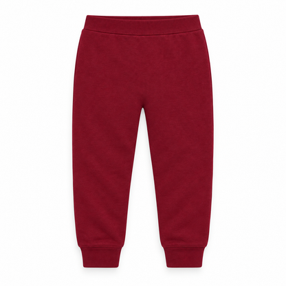 Organic Cozy Pants in maroon, standalone front studio view on white.