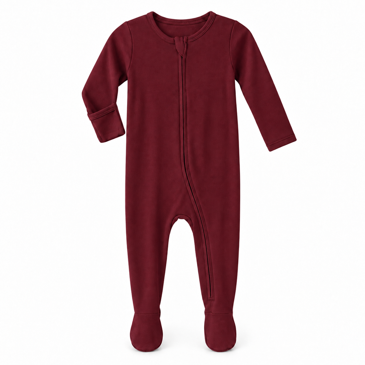 Maroon organic zip footie on white, with one sleeve turned to show the underside fold-over hand cover.