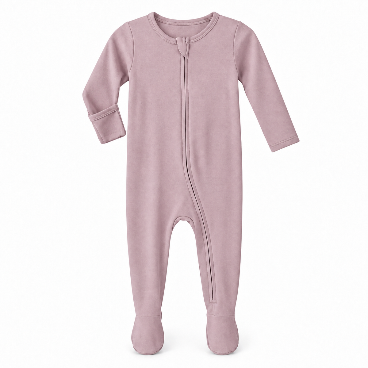 Mauve organic zip footie on white, with one sleeve turned to show the underside fold-over hand cover.