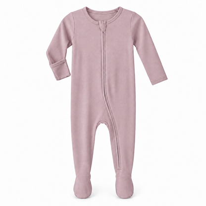 Mauve organic zip footie on white, with one sleeve turned to show the underside fold-over hand cover.