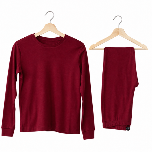 Men’s Organic Cotton Pajama Set | Maroon - top and matching pants on a white background