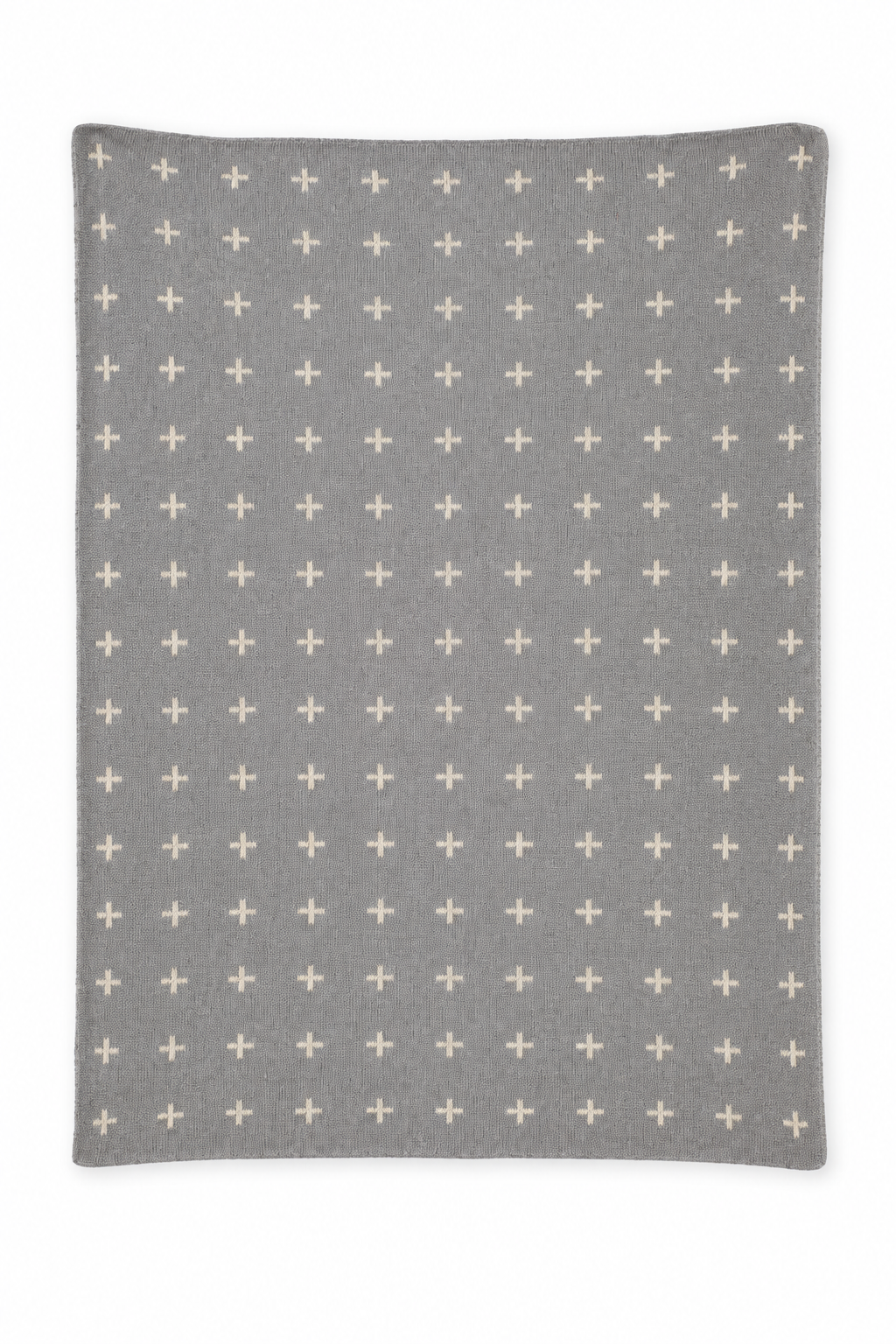 Aluminum Mini Swiss Cross cotton knit blanket with ivory crosses, full design on white.