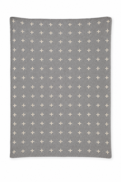 Aluminum Mini Swiss Cross cotton knit blanket with ivory crosses, full design on white.
