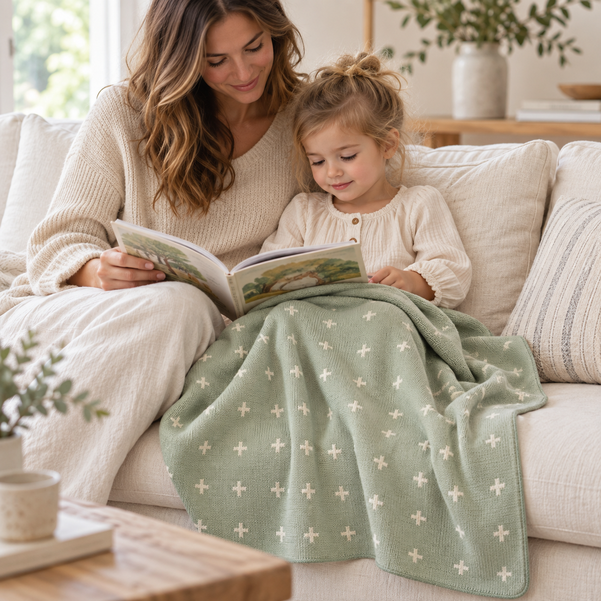 Sky Green Mini Swiss Cross blanket styled over a child's lap during story time on an ivory sofa.