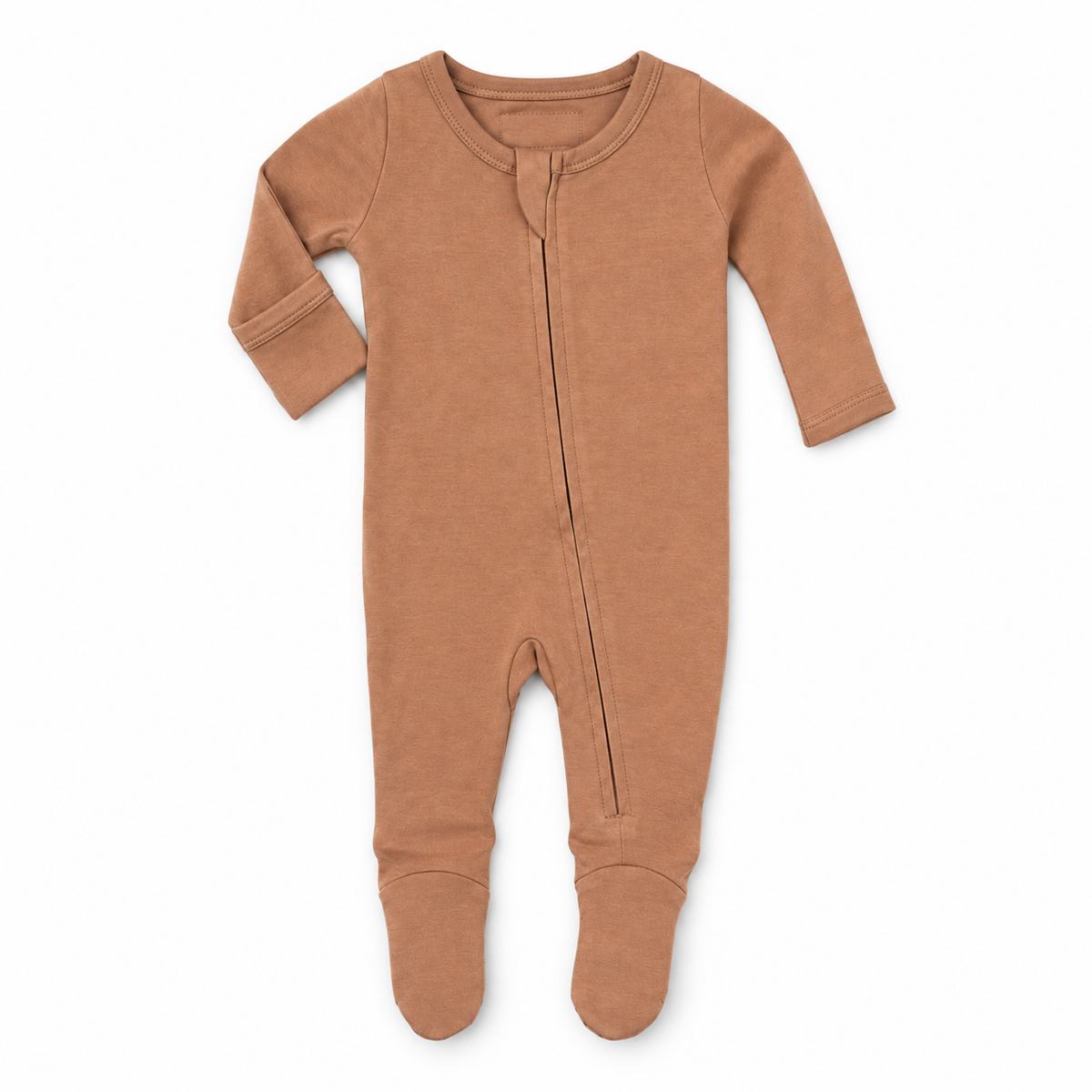 Mocha Mousse organic baby two-way zip footie, front studio view with covered feet and an underside fold-over hand cover.
