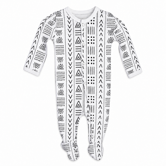 Mud Cloth organic baby button footie, full front studio view on white.