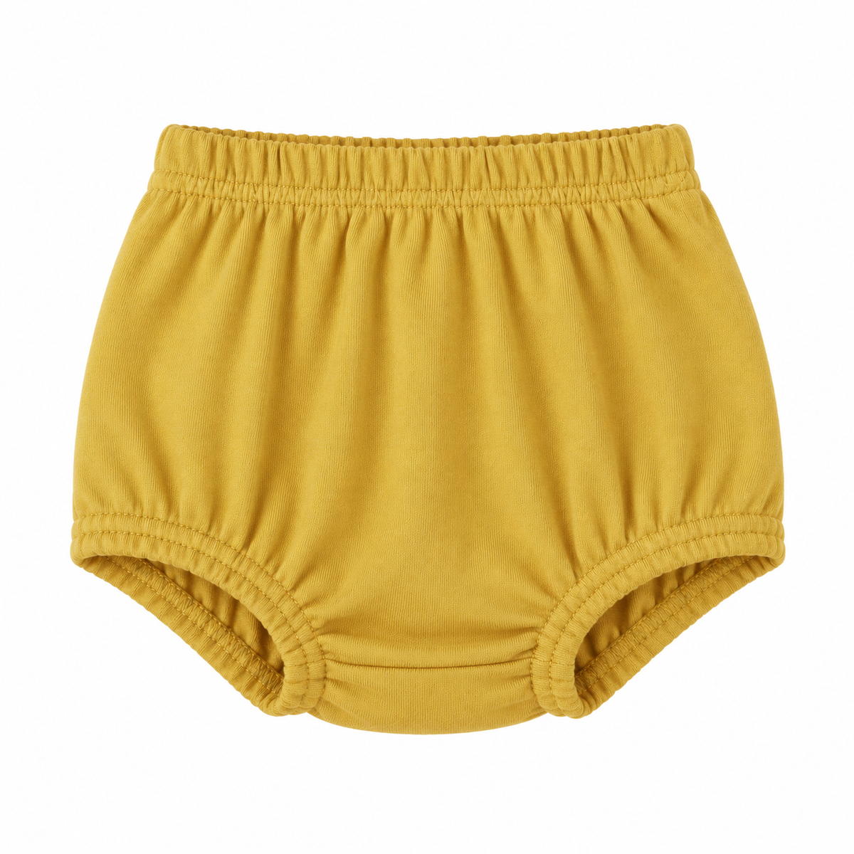 Modern Burlap organic baby bloomers in Mustard, front studio view on white.