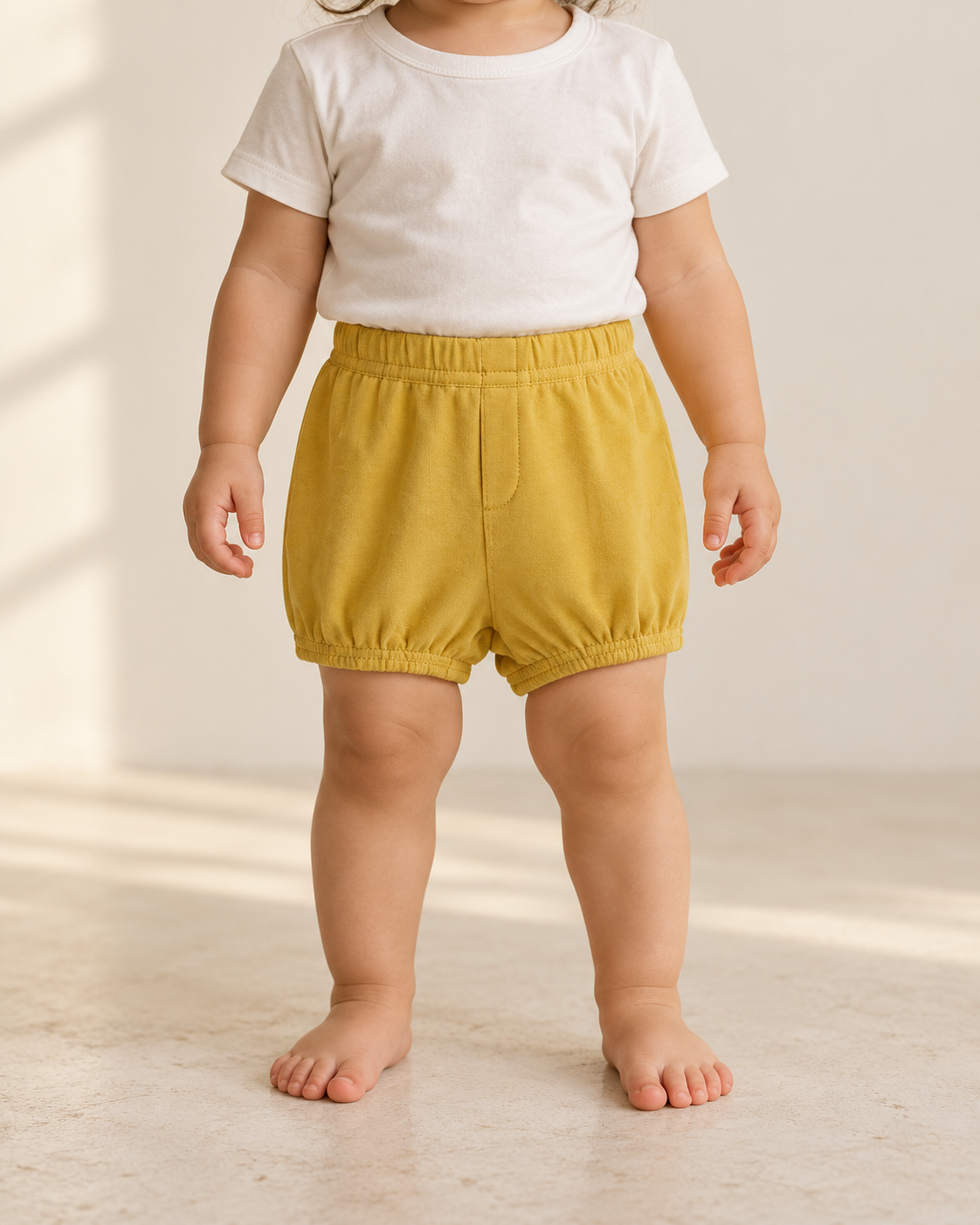 Toddler wearing Mustard organic shorts, showing the elastic waistband and gathered leg openings; white tee styled separately