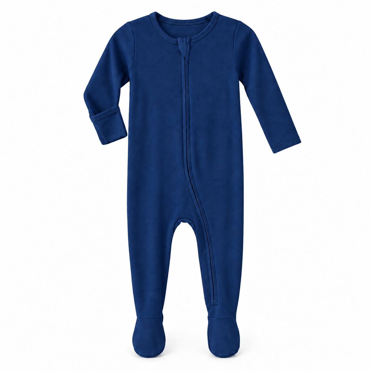 Navy Peony organic zip footie on white, with one sleeve turned to show the underside fold-over hand cover.