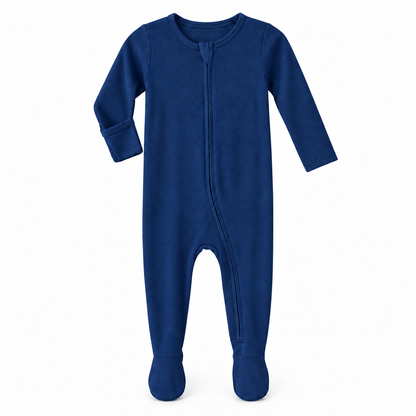 Navy Peony organic zip footie on white, with one sleeve turned to show the underside fold-over hand cover.