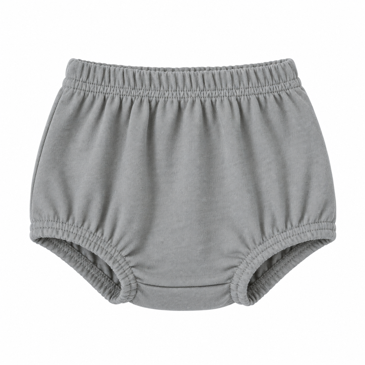 Modern Burlap organic baby bloomers in Neutral Gray, front studio view on white.