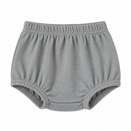 Modern Burlap organic baby bloomers in Neutral Gray, front studio view on white.