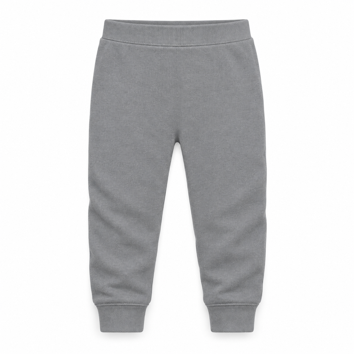 Organic Cozy Pants in neutral gray, standalone front studio view on white.