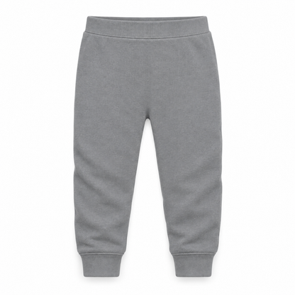 Organic Cozy Pants in neutral gray, standalone front studio view on white.