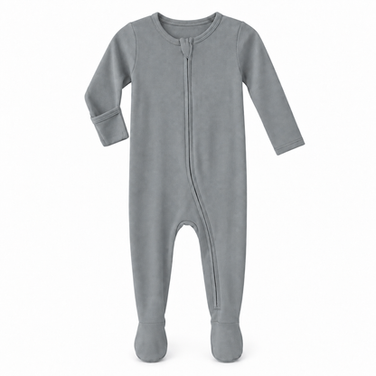 Neutral Gray organic zip footie on white, with one sleeve turned to show the underside fold-over hand cover.