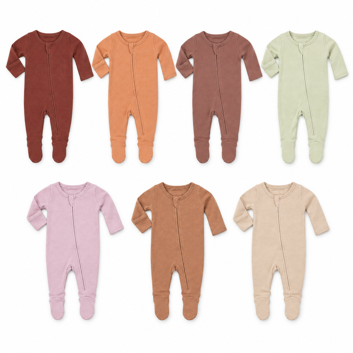 Seven organic baby two-way zip footies in Nutmeg, Dusty Coral, Burlwood, Asparagus Green, Burnished Lilac, Mocha Mousse and Shifting Sand. Each sold separately.
