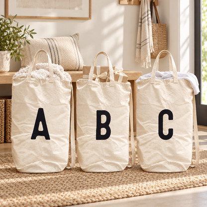 A, B and C initial canvas bags styled for family storage, gifts and travel; bags sold individually