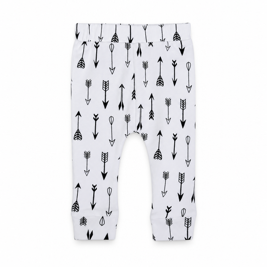 Modern Burlap organic basic pants in black-and-white Arrows, front studio view.