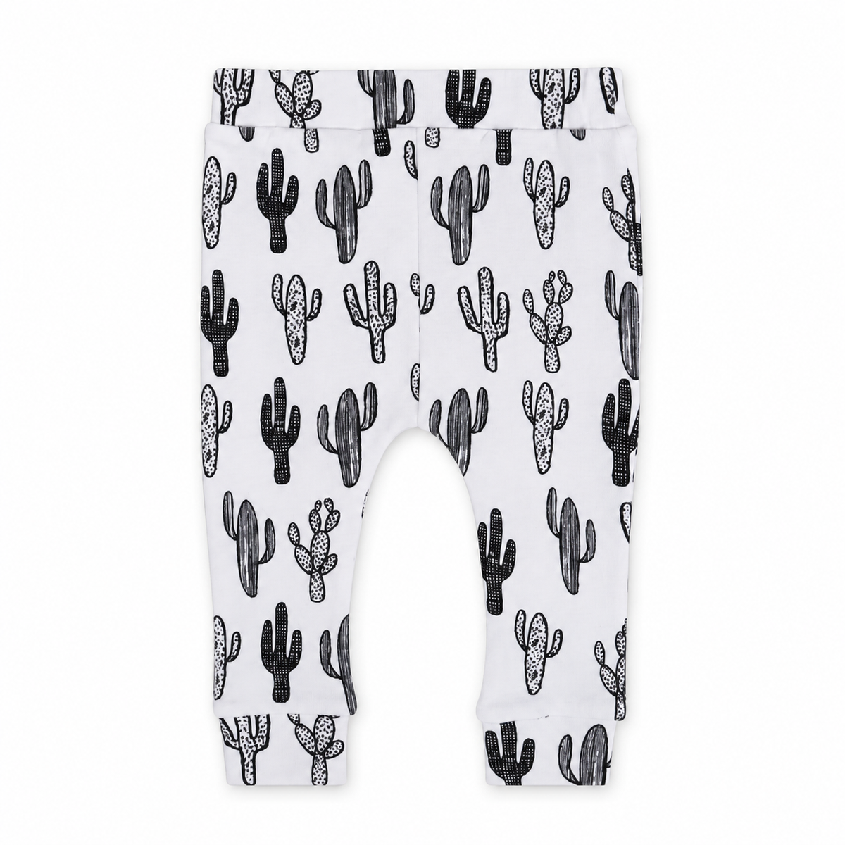Modern Burlap organic basic pants in black-and-white Cactus, front studio view.