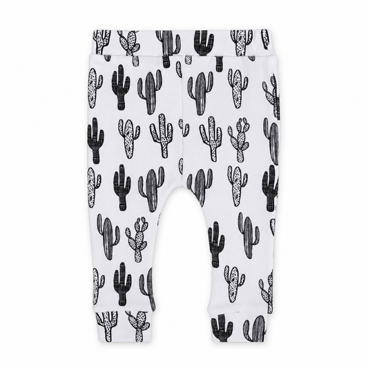 Modern Burlap organic basic pants in black-and-white Cactus, front studio view.