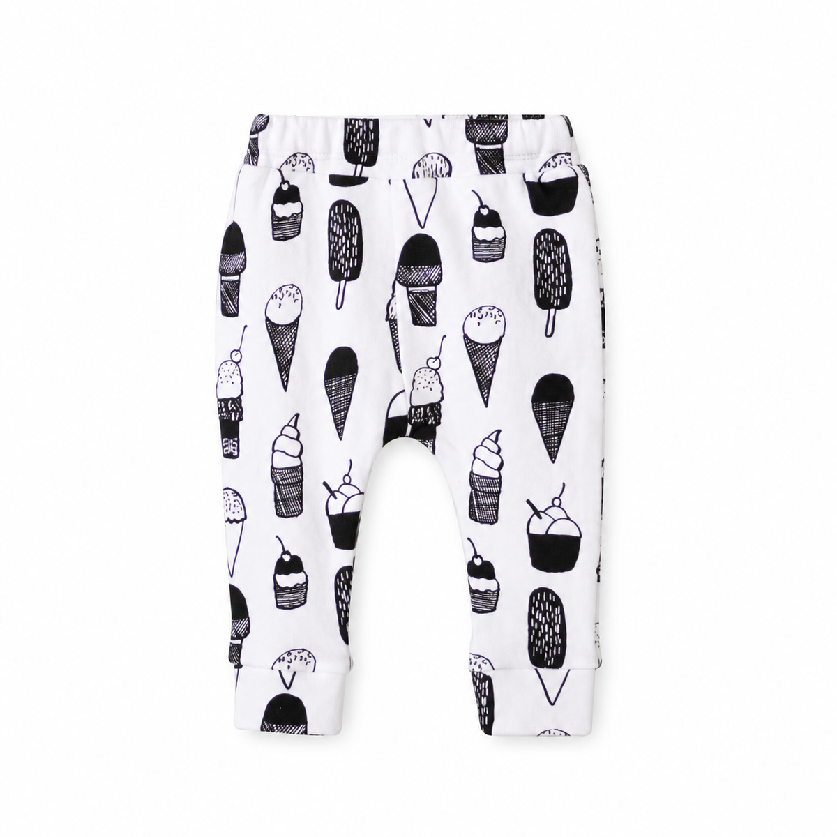 Modern Burlap organic basic pants in black-and-white Ice Cream Love, front studio view.