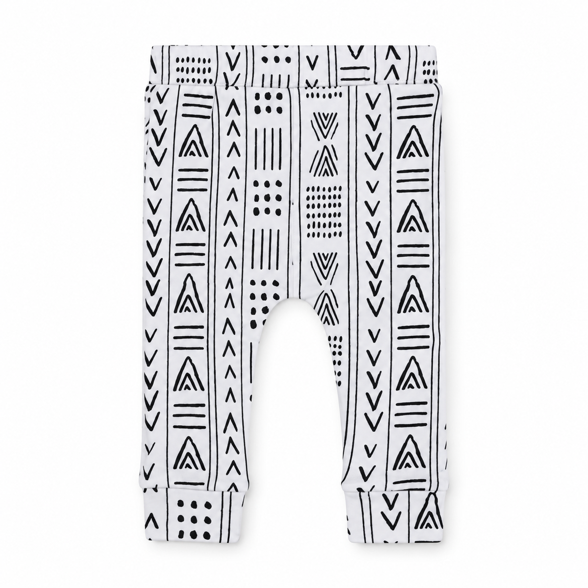 Modern Burlap organic basic pants in black-and-white Mud Cloth, front studio view.