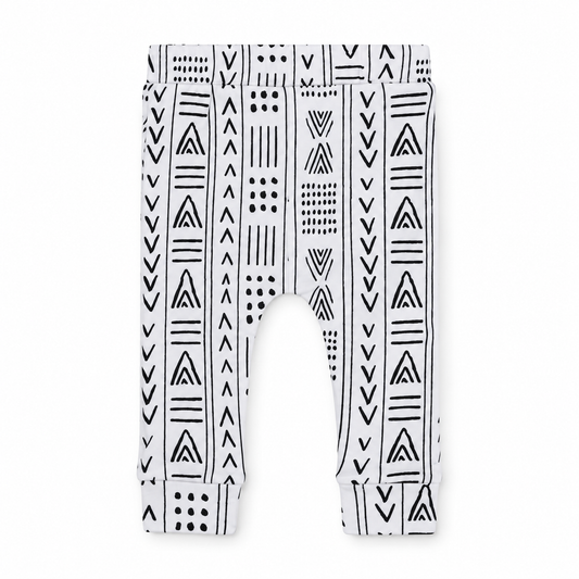 Modern Burlap organic basic pants in black-and-white Mud Cloth, front studio view.