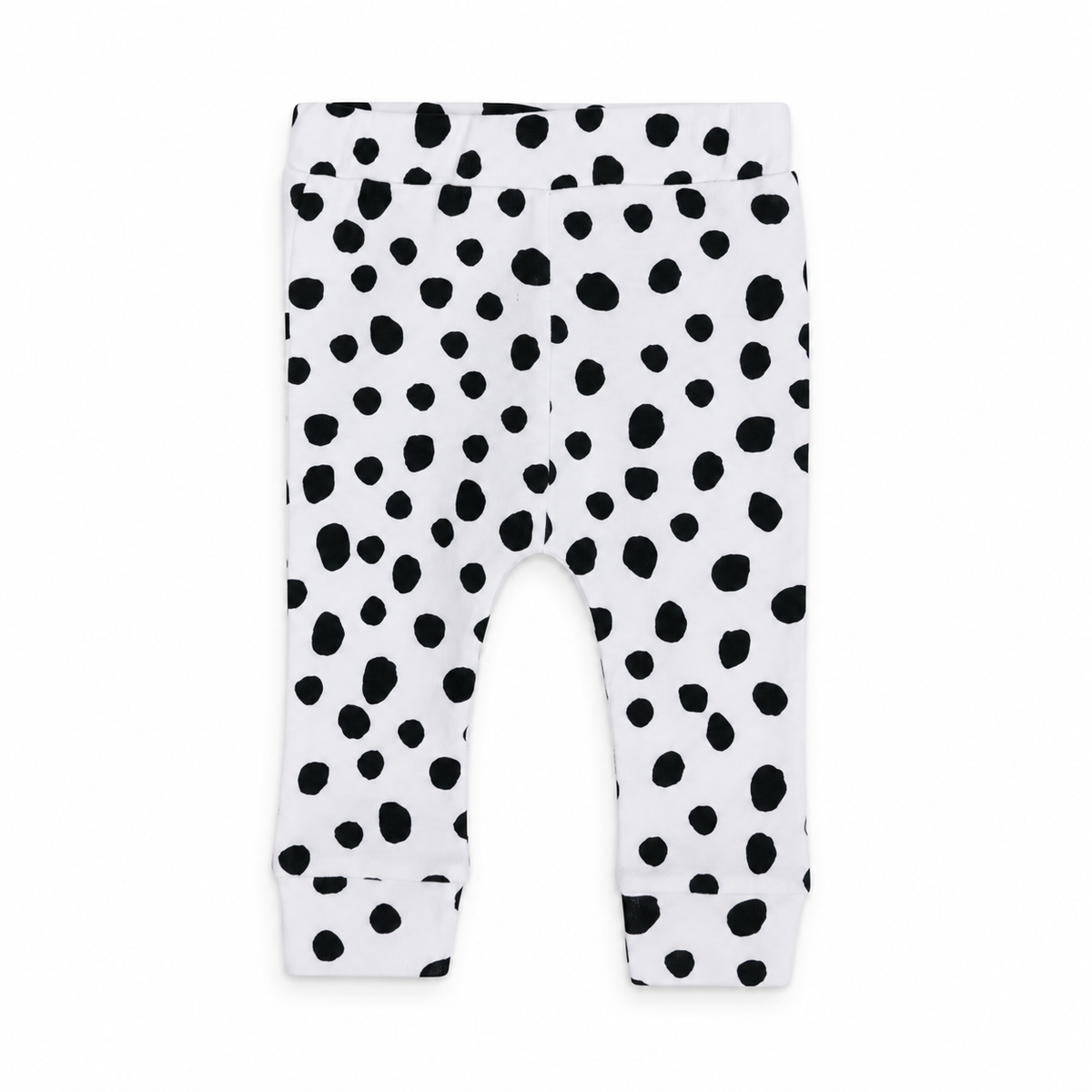 Modern Burlap organic basic pants in black-and-white Spots, front studio view.