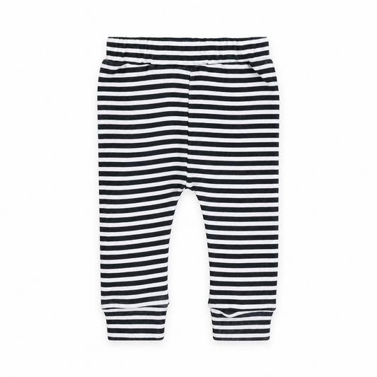 Modern Burlap organic basic pants in black-and-white Stripes, front studio view.