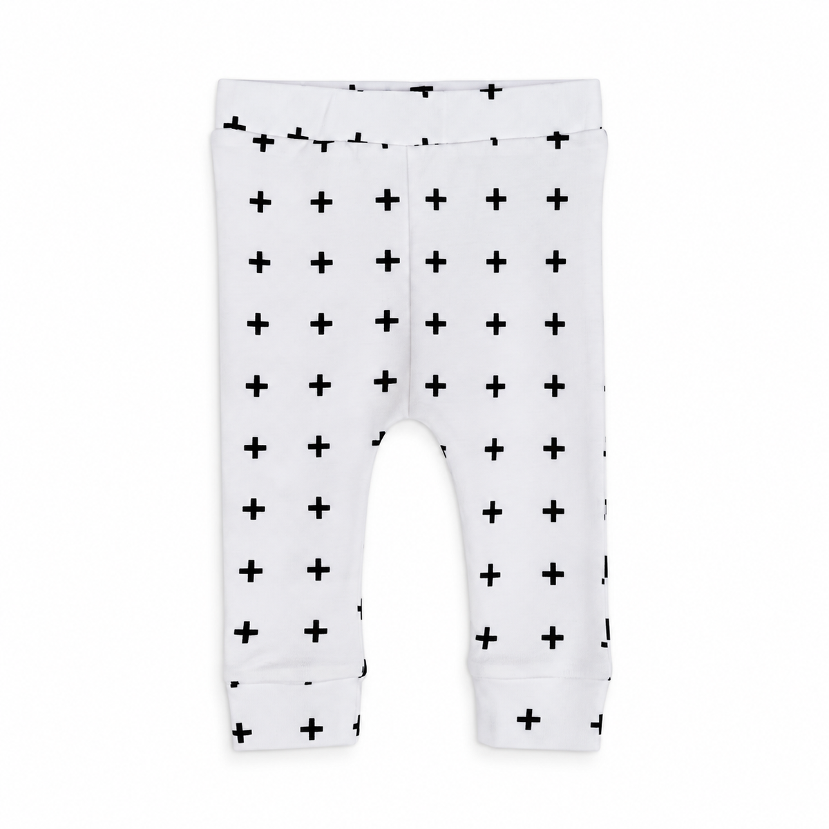 Modern Burlap organic basic pants in black-and-white Swiss Cross, front studio view.