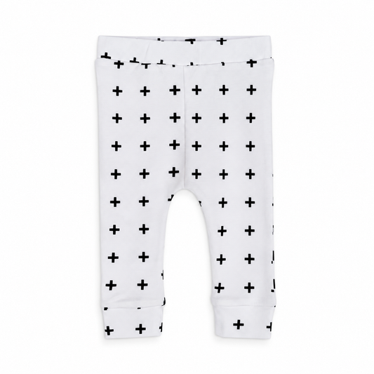 Modern Burlap organic basic pants in black-and-white Swiss Cross, front studio view.