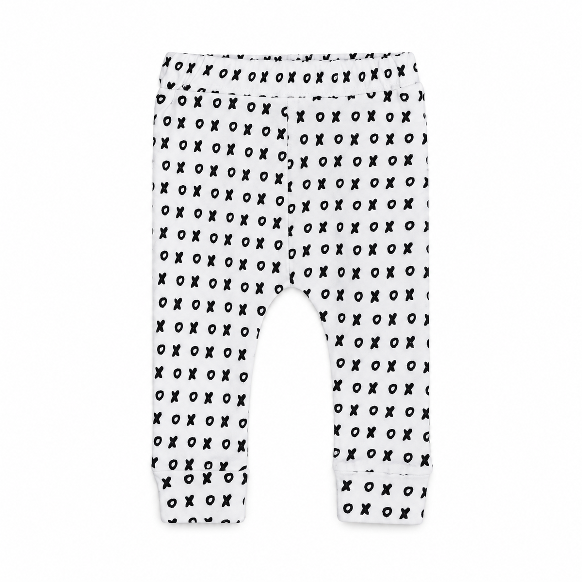 Modern Burlap organic basic pants in black-and-white XO, front studio view.