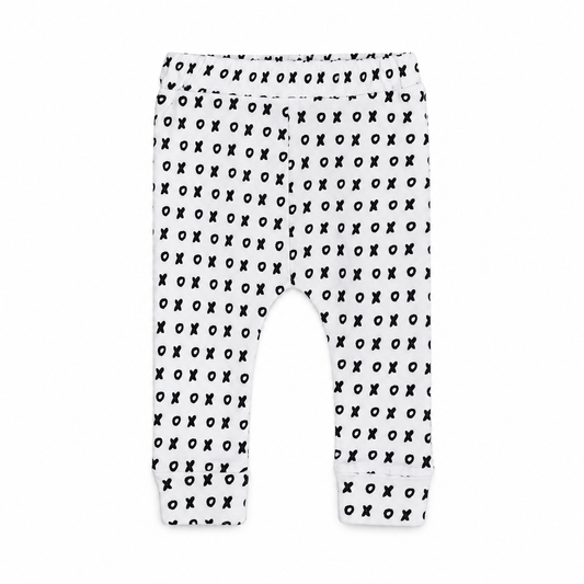 Modern Burlap organic basic pants in black-and-white XO, front studio view.