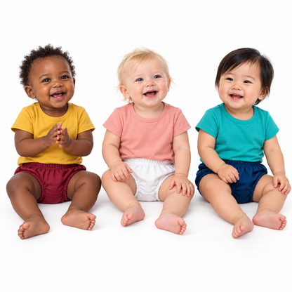 Three babies wearing Maroon, White and Sailor Blue organic bloomers with coordinating tees, each item sold separately