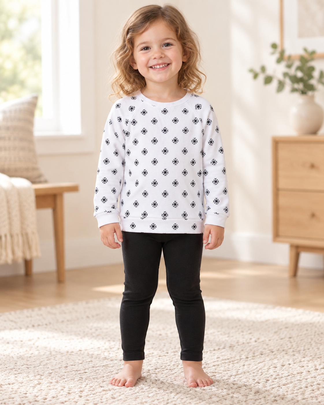 Child wearing the white Snowflakes lightweight sweatshirt; AI-styled product image.