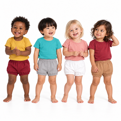 Four toddlers wearing Modern Burlap solid organic tees with coordinating organic shorts, each item sold separately