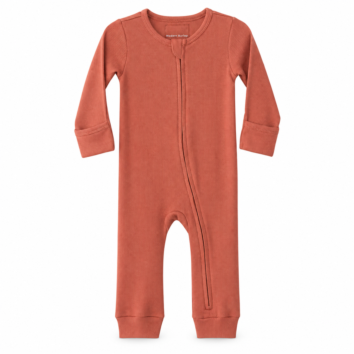 Modern Burlap thermal organic baby zip coverall in Aragon, full front studio view
