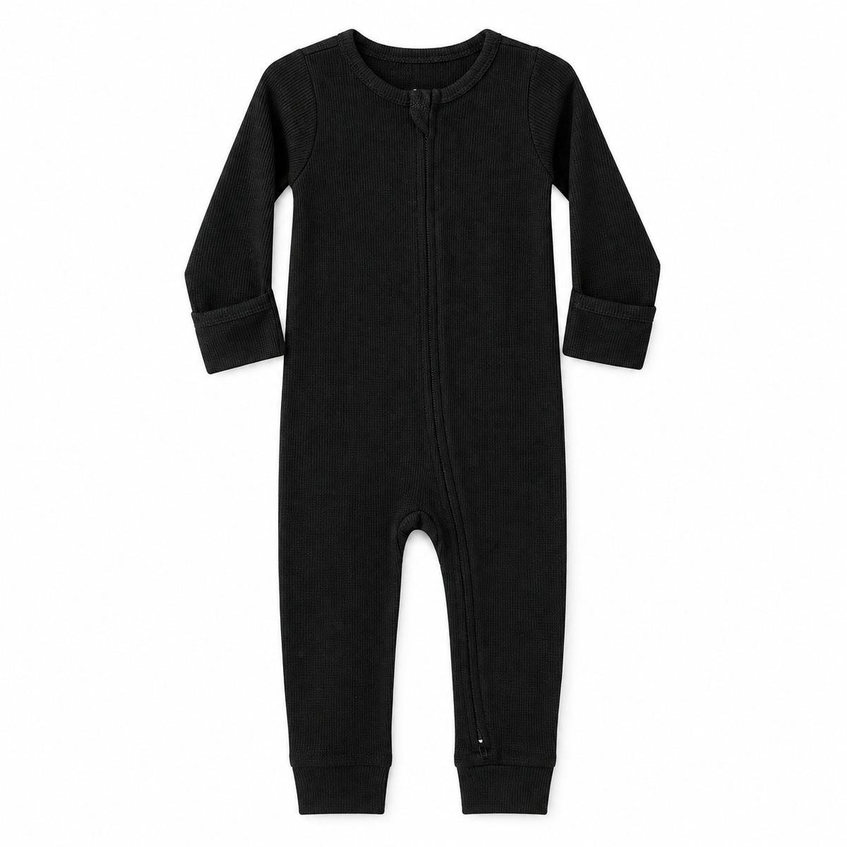 Modern Burlap thermal organic baby zip coverall in Black, full front studio view