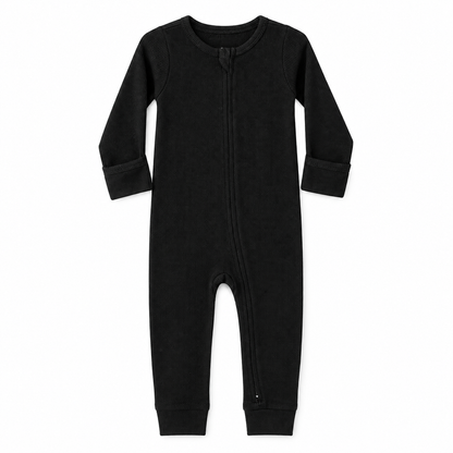 Modern Burlap thermal organic baby zip coverall in Black, full front studio view