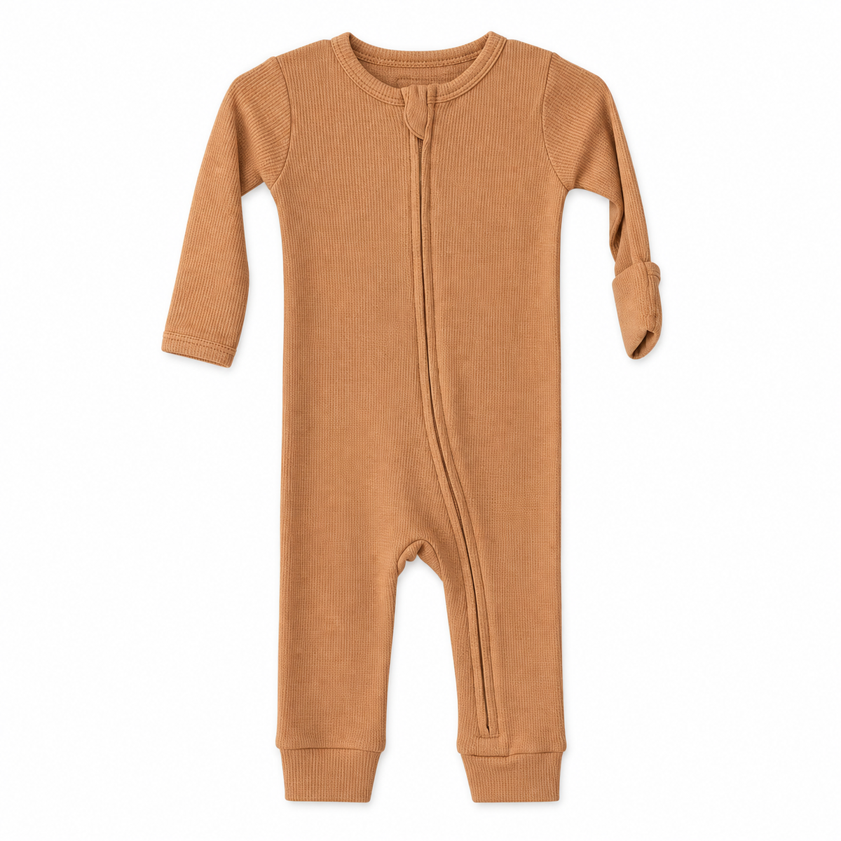 Modern Burlap thermal organic baby zip coverall in Ginger, full front studio view