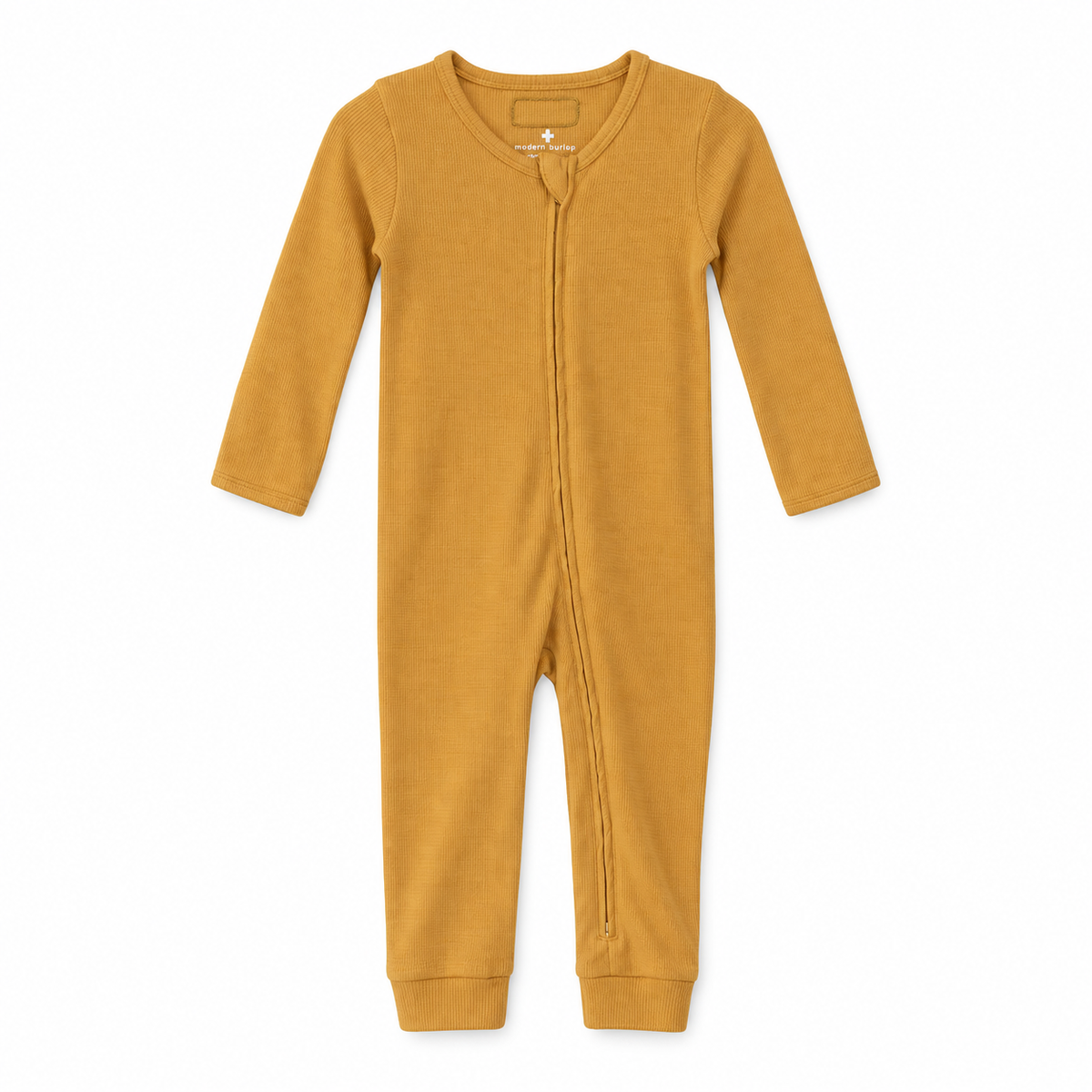 Modern Burlap thermal organic baby zip coverall in Honey, full front studio view