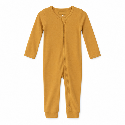 Modern Burlap thermal organic baby zip coverall in Honey, full front studio view
