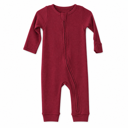 Modern Burlap thermal organic baby zip coverall in Maroon, full front studio view