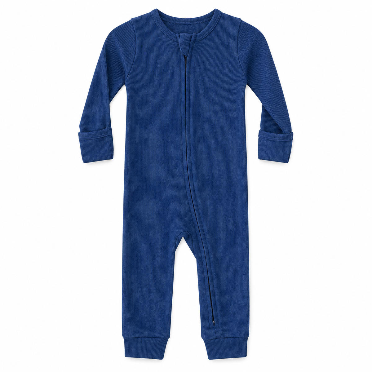 Modern Burlap thermal organic baby zip coverall in Navy Peony, full front studio view